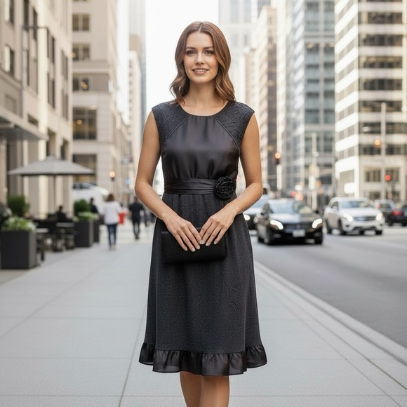 Cannella Brown Belted Flower Detail Sleeveless Ruffle Hem Dress XL - Picture 3 of 13